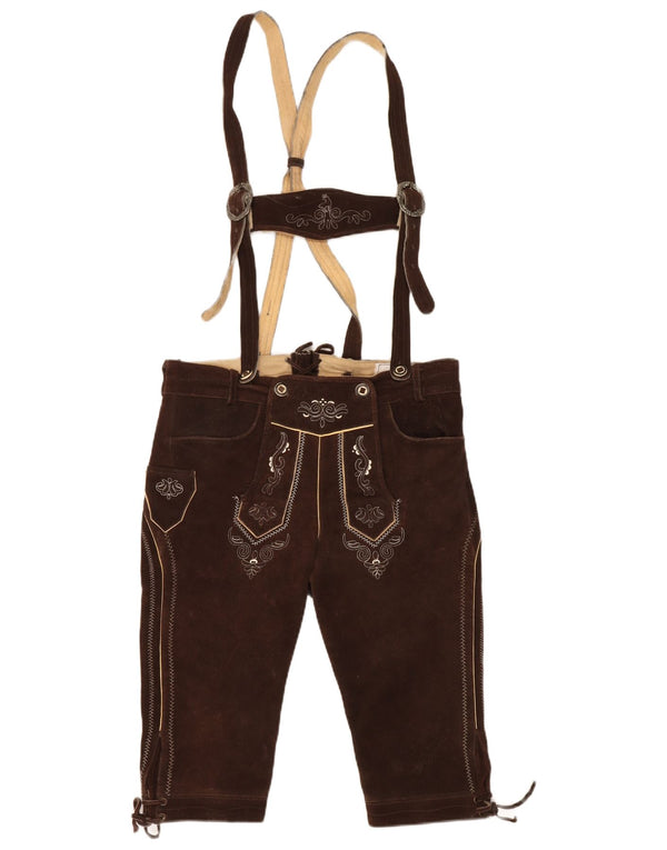 Vintage mujer ante Dungarees Shorts IT 50 XL W36 Marrón Paisley Cuero