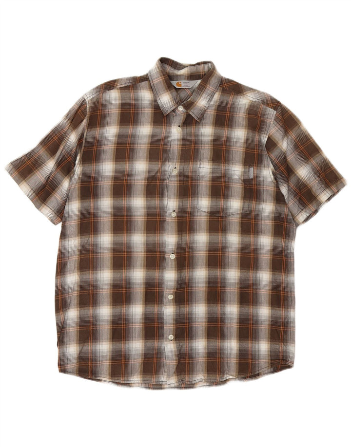 CARHARTT Camisa de manga corta para hombre de algodón a cuadros marrón grande