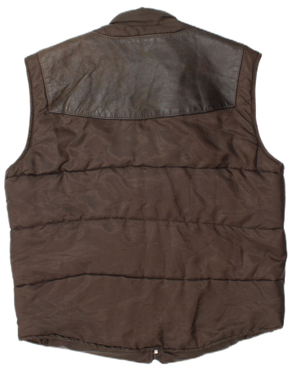 Vintage hombres cuero acolchado Gilet Reino Unido 40 cuero marrón grande