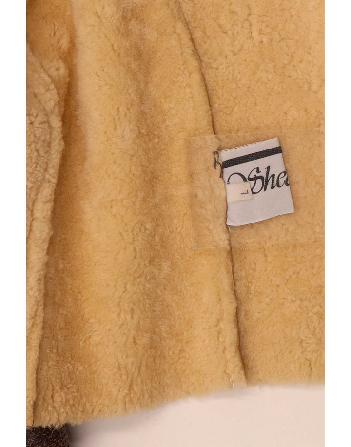 Vintage mujer crop shearling chaqueta Reino Unido 14 gran marrón shearling