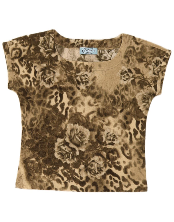Vintage mujer camiseta gráfica Top UK 12 medio caqui floral poliéster