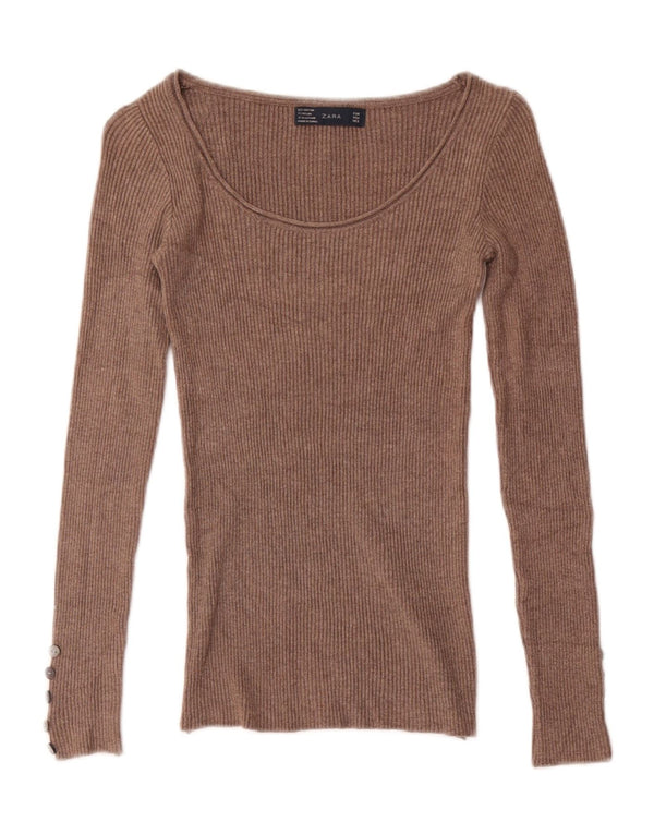 Zara Mujer Top Manga Larga UK 4 XS Marrón Algodón