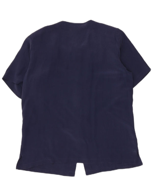 Blusa vintage de manga corta para mujer IT 48 XL Seda azul marino