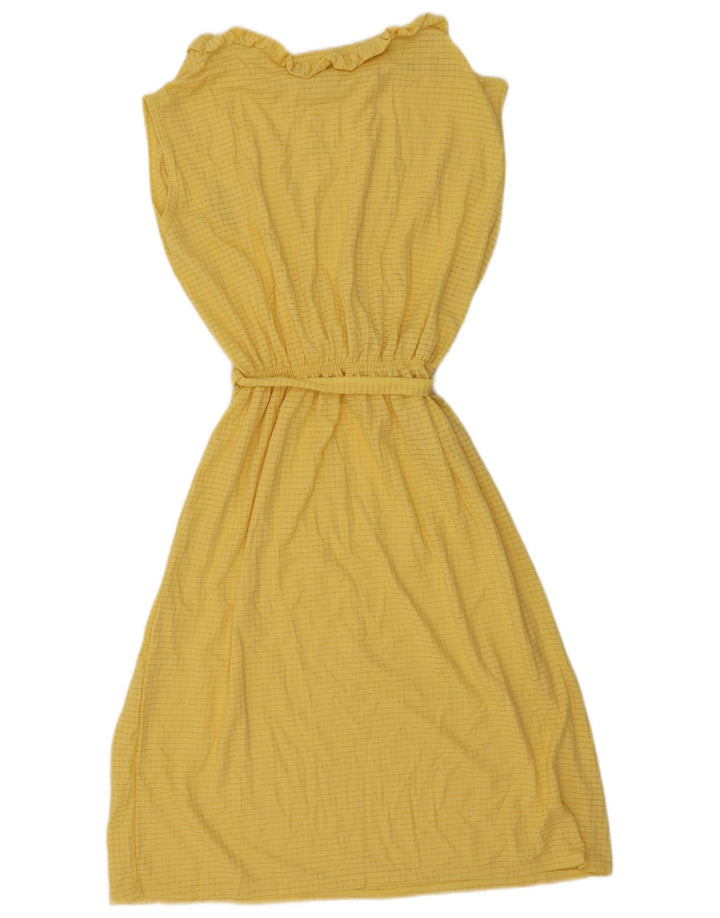 Vintage mujer sin mangas vestido básico Reino Unido 12 rayas amarillas medianas