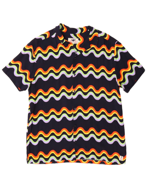 Vintage hombres camisa de manga corta grande azul marino Chevron Viscosa