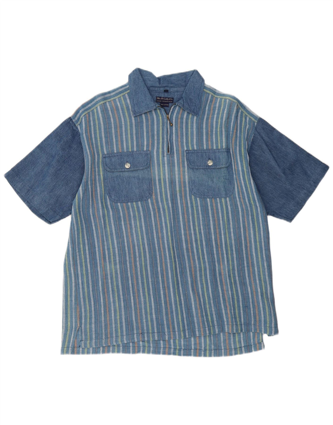 VINTAGE Camisa tipo jersey de manga corta holgada para hombre con rayas azules medianas