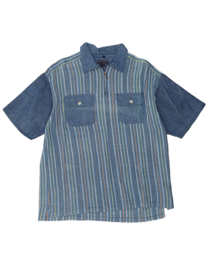 VINTAGE Camisa tipo jersey de manga corta holgada para hombre con rayas azules medianas