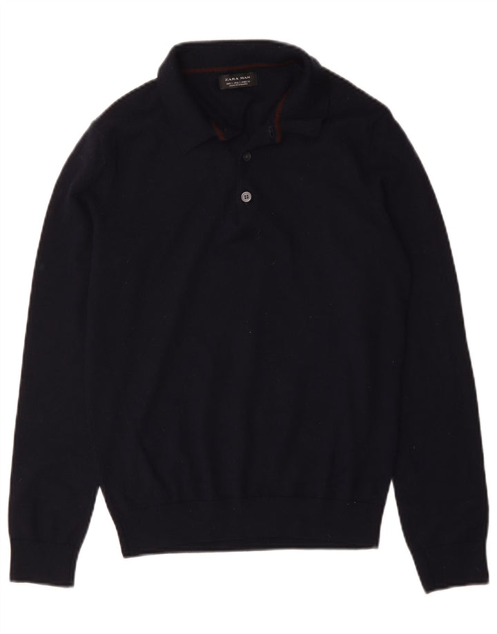 Zara Hombre Polo Cuello Jersey Suéter Pequeño Azul Marino