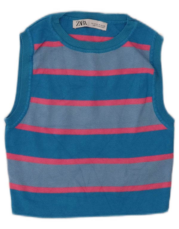 Zara Mujer Crop Vest Top UK 40 Viscosa Rayas Azul Medio