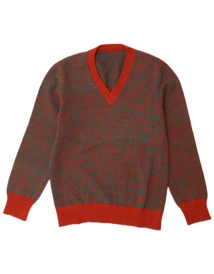 VINTAGE Hombres V-Cuello Jumper Suéter Medio Rojo Flecked