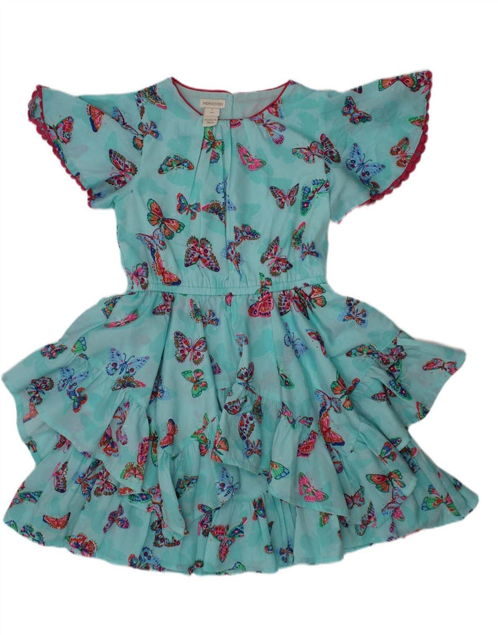MONSOON Girls Tiered Dress 5-6 Years Blue Polyester Butterfly