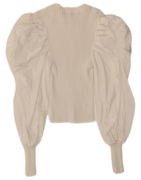 Zara Blusa Corta De Manga Larga para Mujer Top UK 12 Medium White Cotton