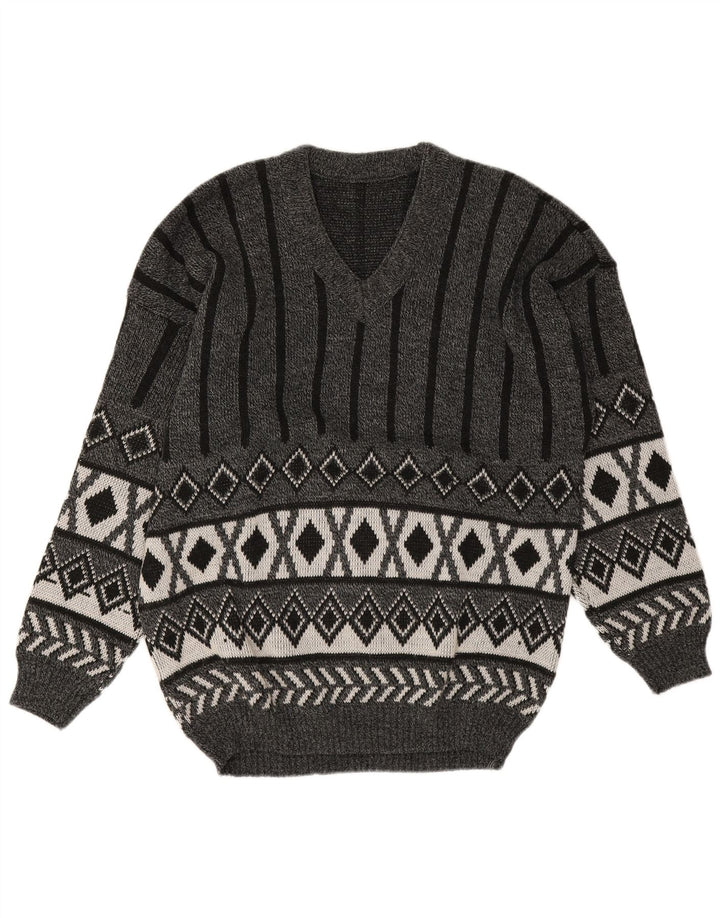 Vintage hombres V-cuello jumper suéter medio gris Argyle/Diamond