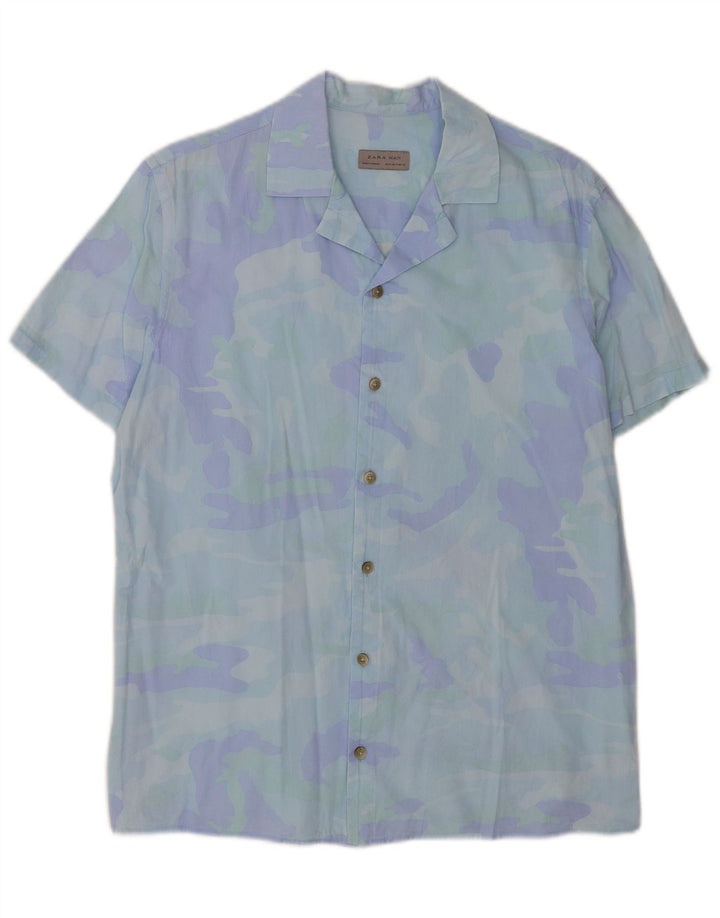 Zara Hombre Camisa Manga Corta Estampado Abstracto Azul Medio