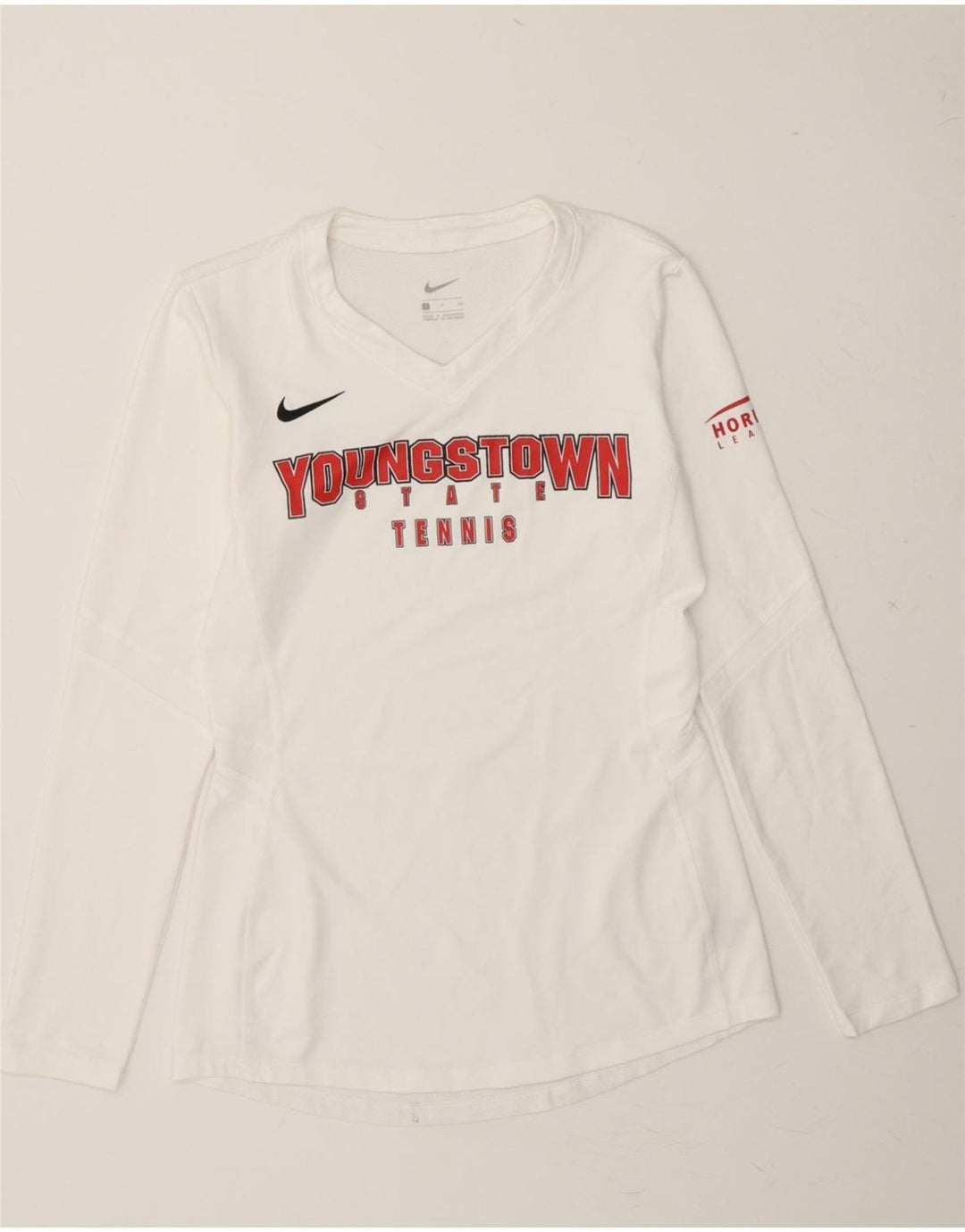 NIKE Womens Graphic Top Long Sleeve UK 10 Small White Polyester Vintage Nike and Second-Hand Nike from Messina Hembry 