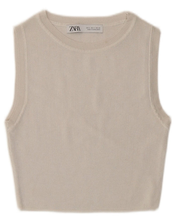 Zara Mujer Jersey Crop Top UK 8 Small Off White Viscosa