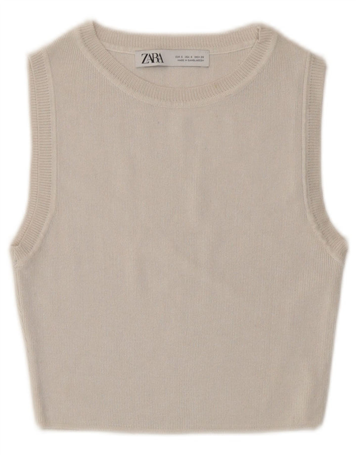 Zara Mujer Jersey Crop Top UK 8 Small Off White Viscosa
