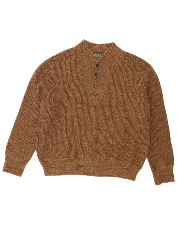 Eddie Bauer Suéter tipo jersey con cuello y botones para hombre marrón medio moteado