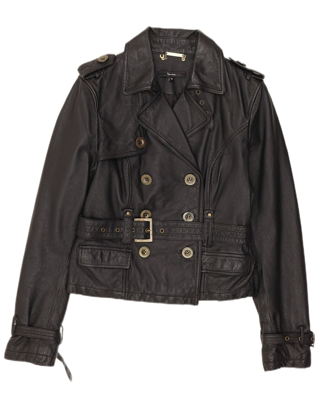 SPECCHIO Chaqueta de cuero militar corta para mujer Reino Unido 12 Cuero negro mediano