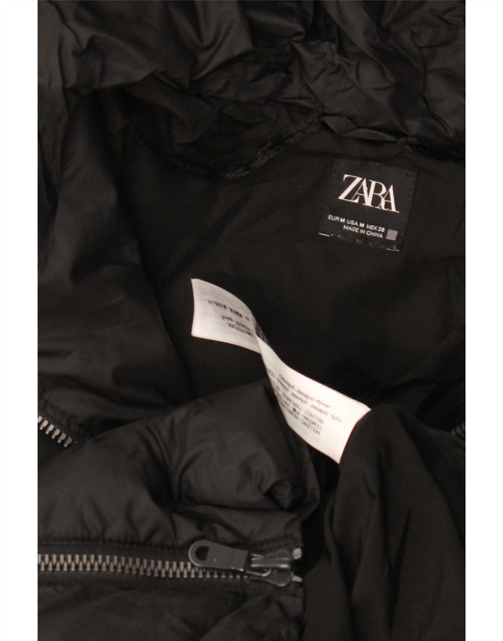 Zara Mujer Abrigo Acolchado Con Capucha UK 44 Medio Negro Poliéster