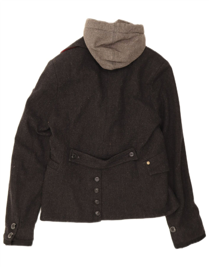 Superdry Chaqueta tipo blazer con capucha y 2 botones para mujer, talla 44, color gris medio en espiga