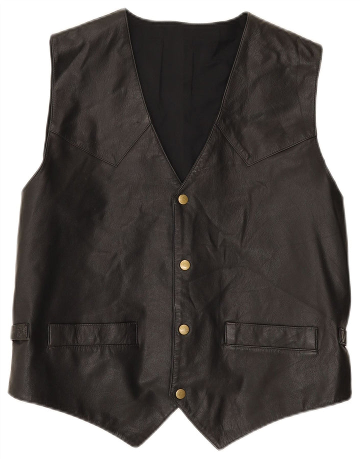 VINTAGE Mens Leather Waistcoat IT 50 Medium Black