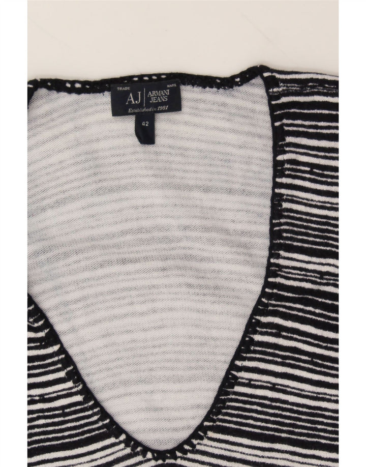 ARMANI JEANS Womens V-Neck Jumper Sweater IT 42 Medium Navy Blue Striped Vintage Armani Jeans and Second-Hand Armani Jeans from Messina Hembry 