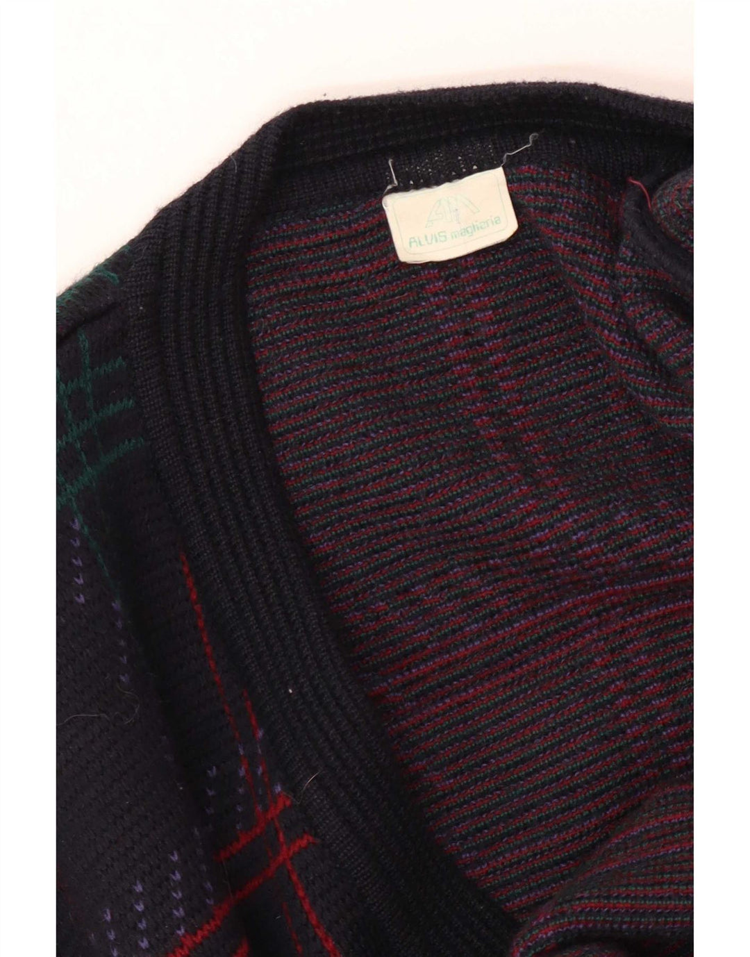 Vintage hombres Cardigan suéter grande azul marino comprobar