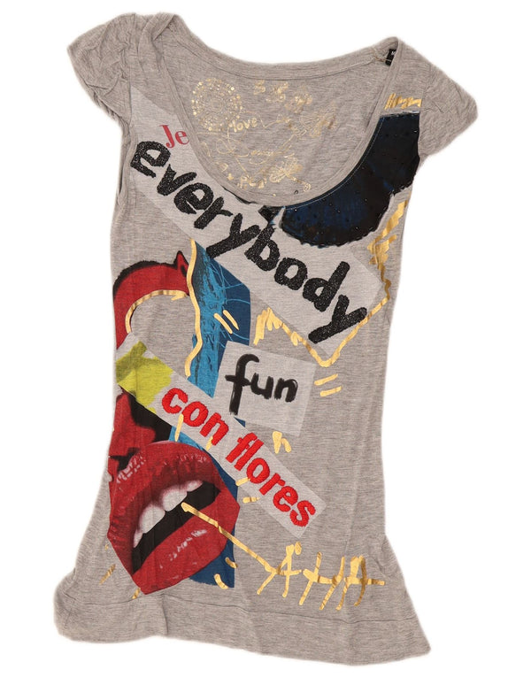 Desigual Top tipo túnica con gráfico para mujer UK 12 Viscosa gris medio