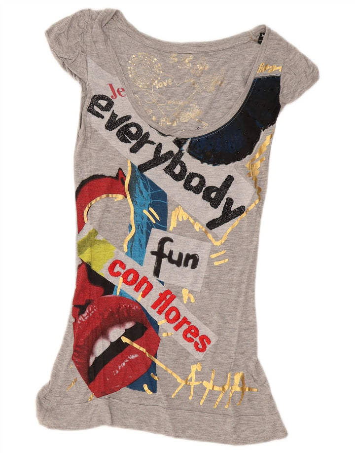 Desigual Top tipo túnica con gráfico para mujer UK 12 Viscosa gris medio