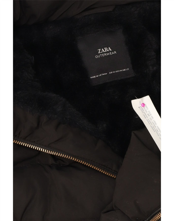 Zara Mujer Abrigo Acolchado Con Capucha UK 44 Medio Negro Poliéster