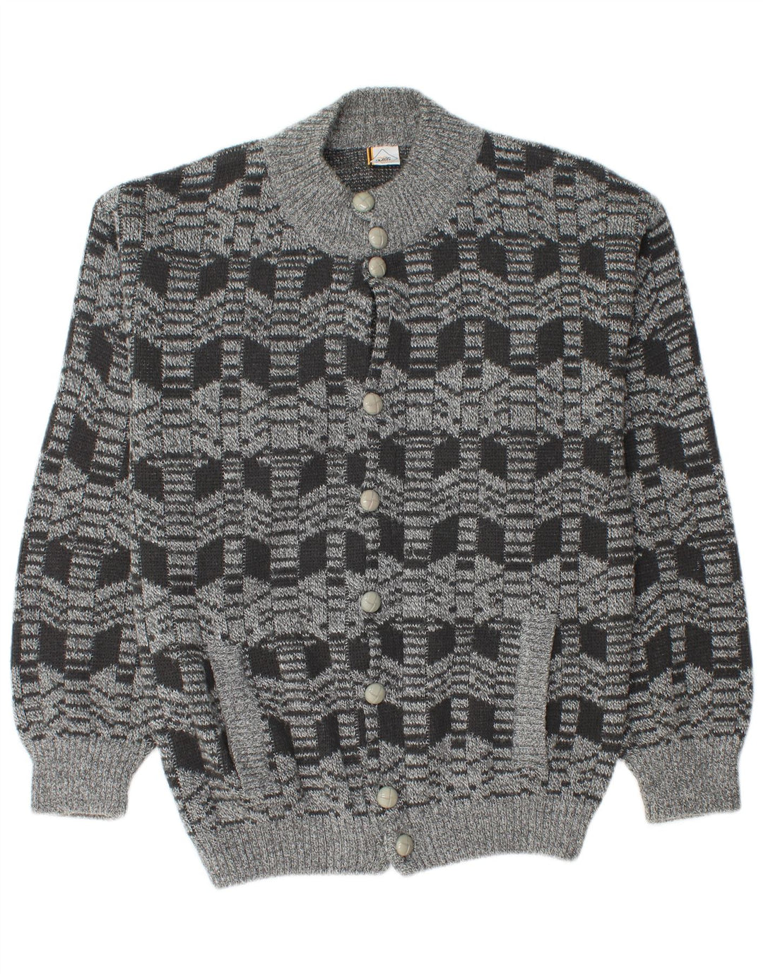 Vintage hombres Cardigan suéter medio gris geométrico acrílico