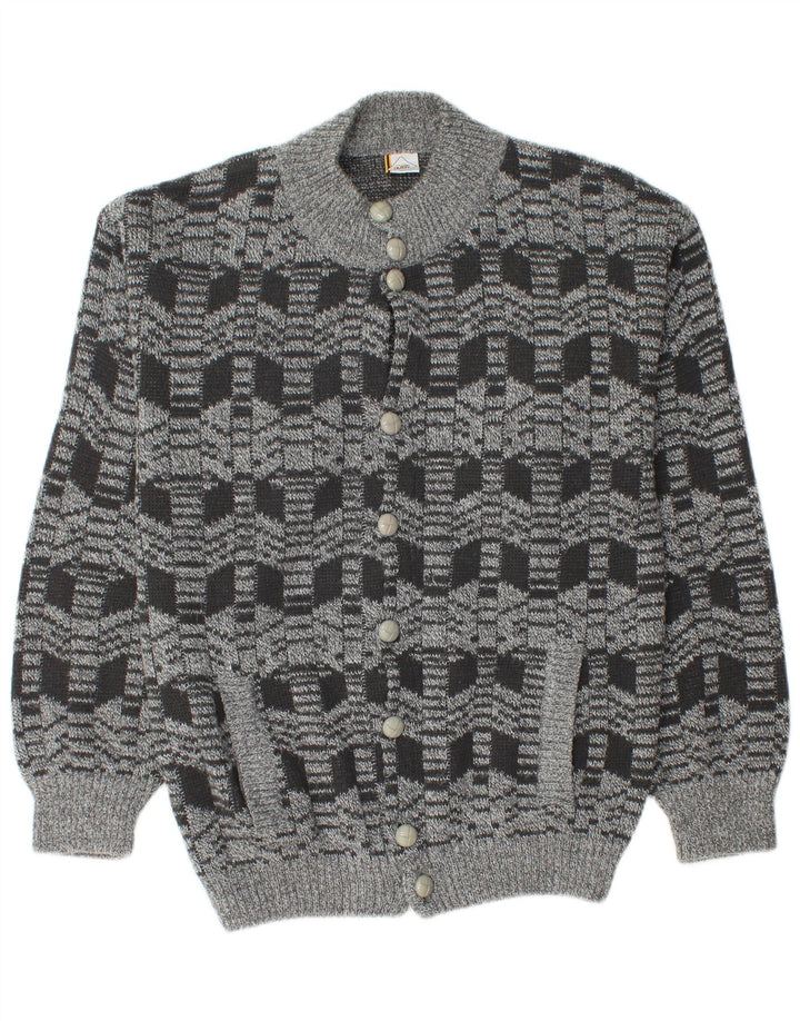 Vintage hombres Cardigan suéter medio gris geométrico acrílico