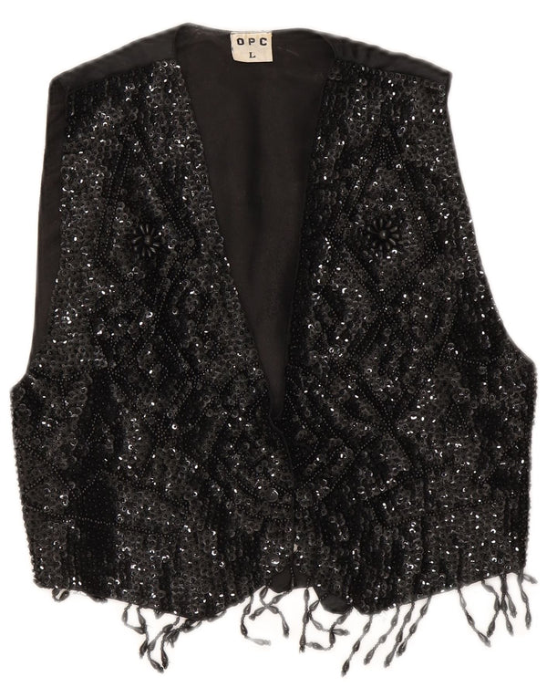 Vintage Womens Crop Sequin Waistcoat UK 14 Large Black