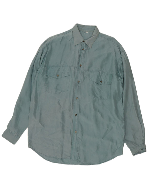 Camisa Vintage Para Hombre Seda Azul Mediana