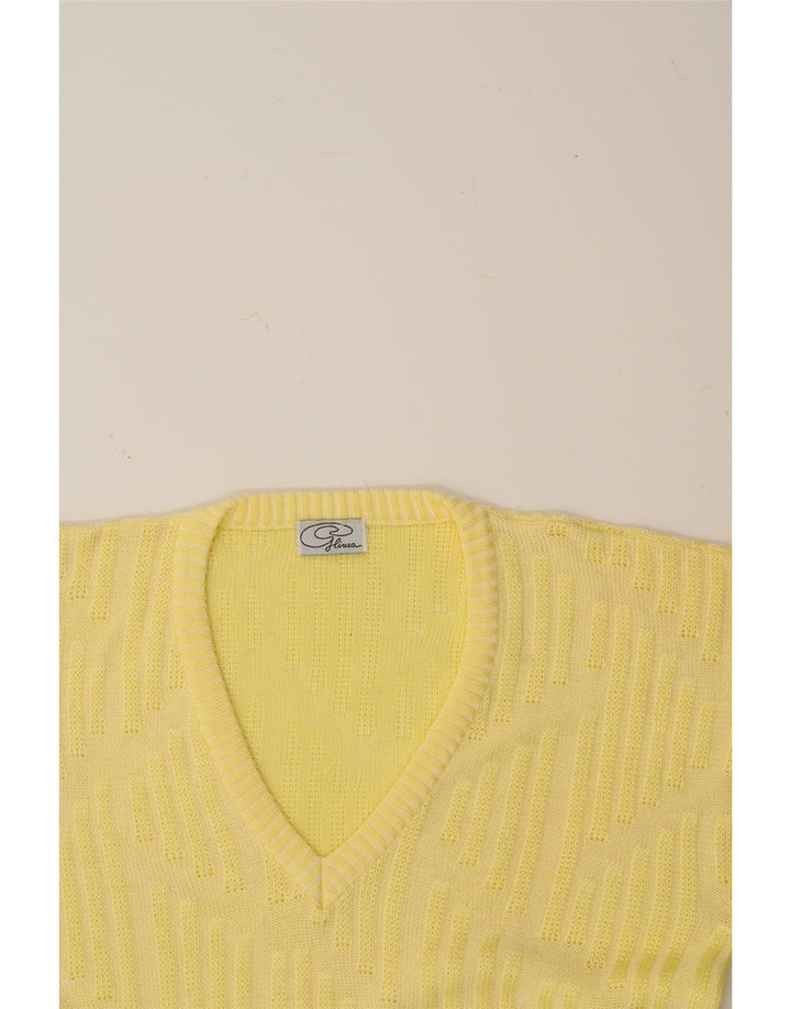 VINTAGE Mens V-Neck Jumper Sweater Medium Yellow Polyester Vintage Vintage and Second-Hand Vintage from Messina Hembry 