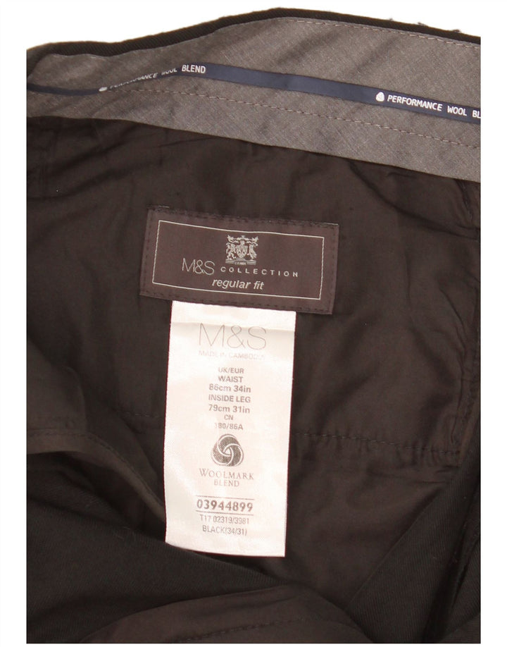 MARKS & SPENCER Pantalón de traje de corte regular para hombre W34 L31 Lana negra