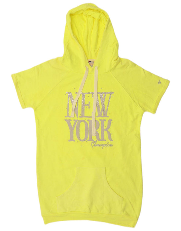 CHAMPION Vestido con capucha gráfico de manga corta para mujer UK 44 Amarillo mediano