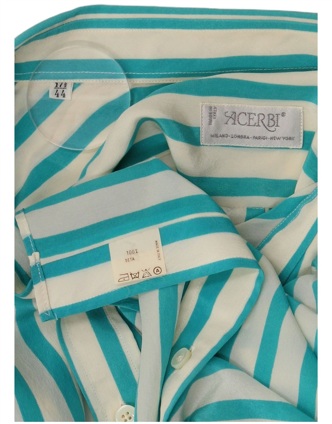 Camisa vintage para hombre talla 17 1/2 44 XL seda a rayas turquesa