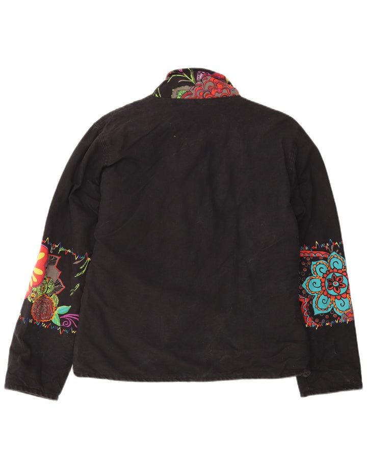 VINTAGE Chaqueta cortavientos para mujer Reino Unido 14 Mediano Negro Floral