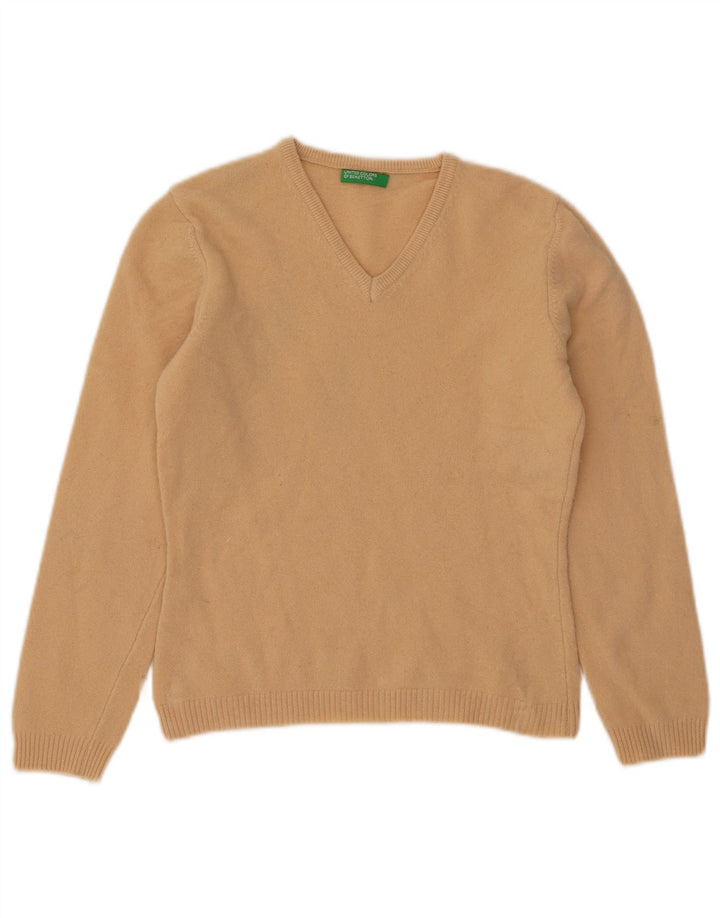 BENETTON Suéter corto con cuello en V para mujer UK 42 Lana beige mediana
