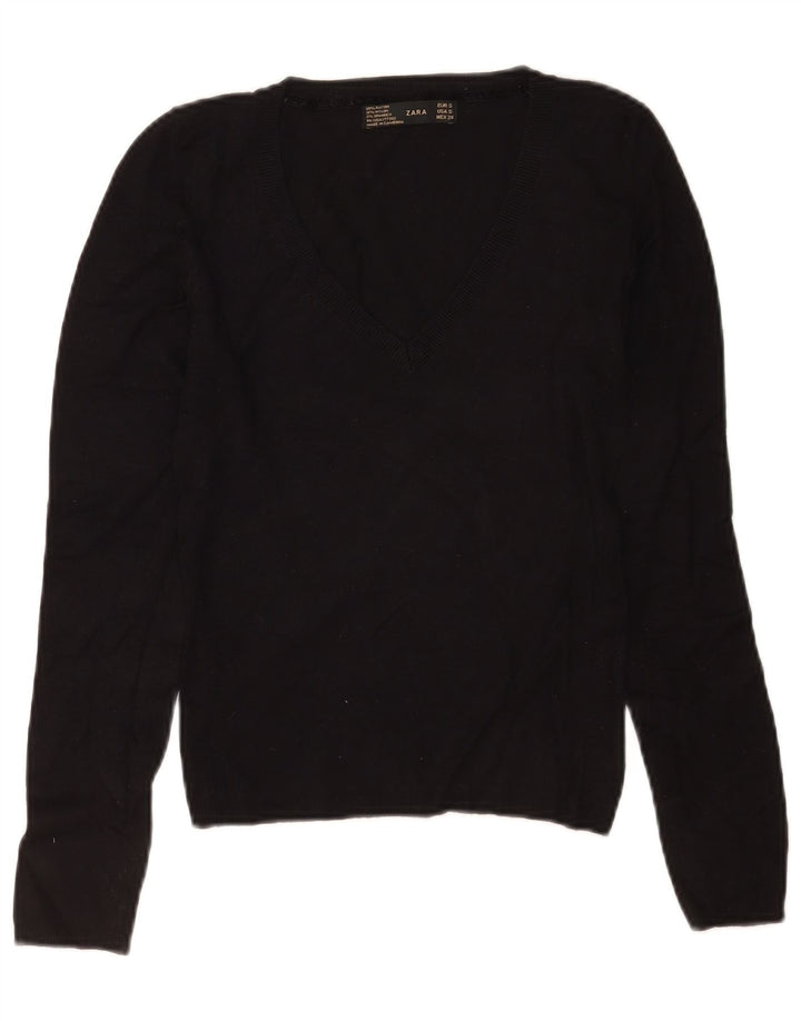Zara - Jersey con cuello en V para mujer, talla 8, talla pequeña, rayón negro