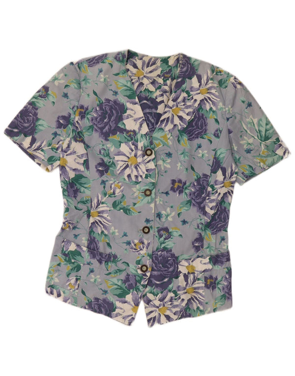 VINTAGE Mujer Camisa de Manga Corta Blusa Reino Unido 14 Grande Azul Floral