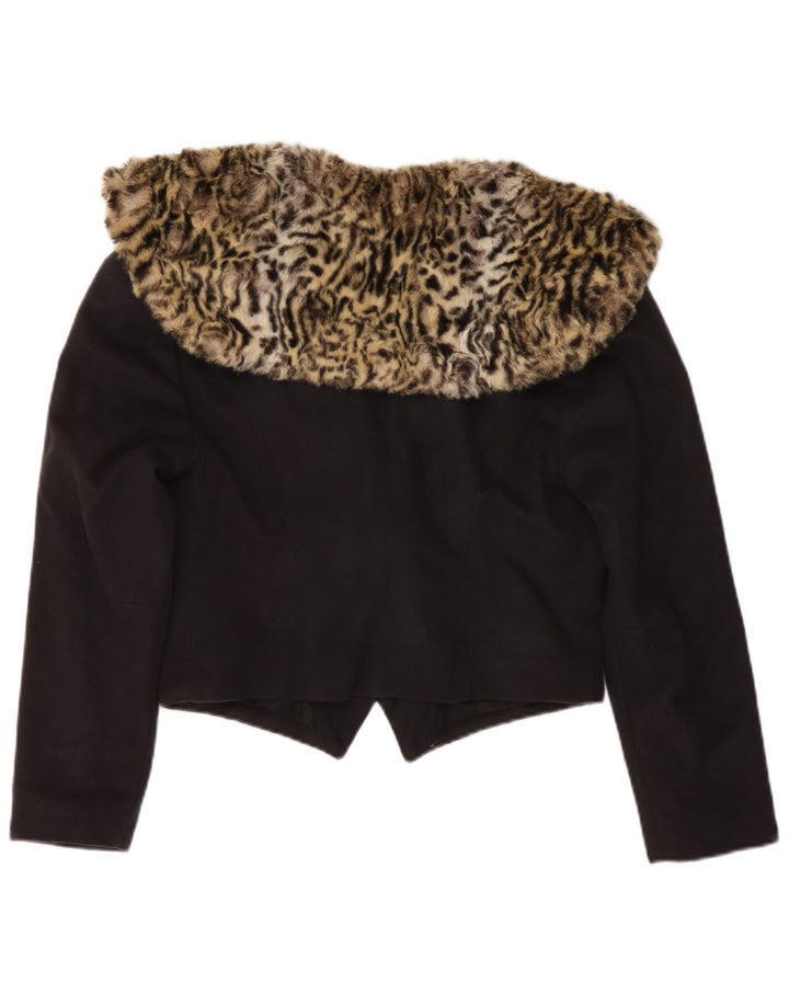 Vintage mujer crop blazer chaqueta Reino Unido 14 medio negro animal print