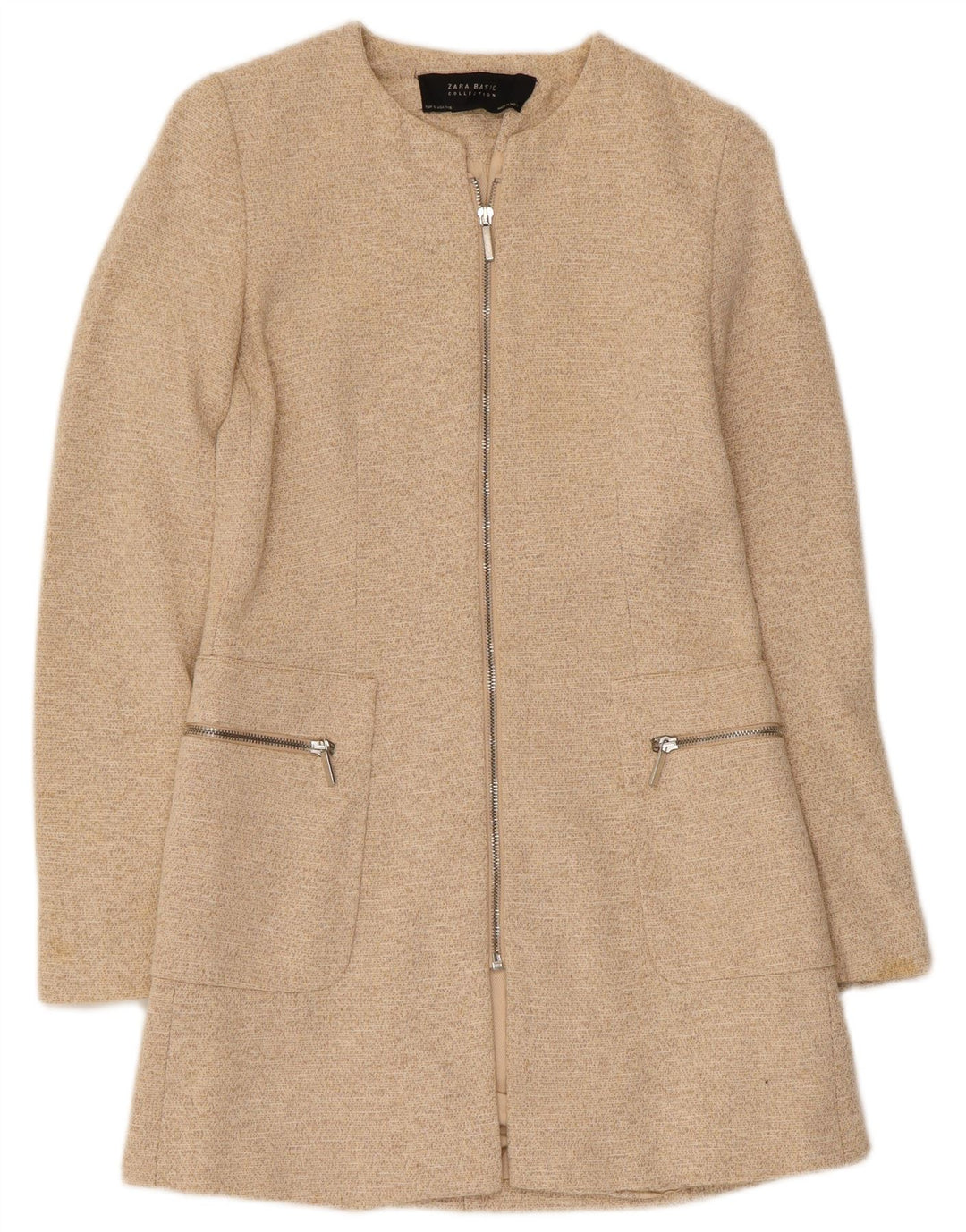 Zara Chaqueta Blazer Larga Con Cremallera Completa Para Mujer UK 8 Small Beige Moteada