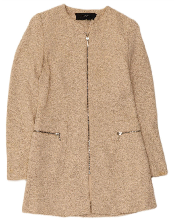 Zara Chaqueta Blazer Larga Con Cremallera Completa Para Mujer UK 8 Small Beige Moteada