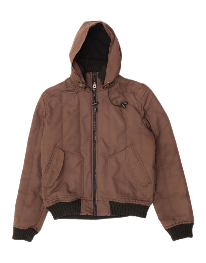 Vintage hombres con capucha chaqueta bomber Reino Unido 38 marrón medio colorblock poliéster