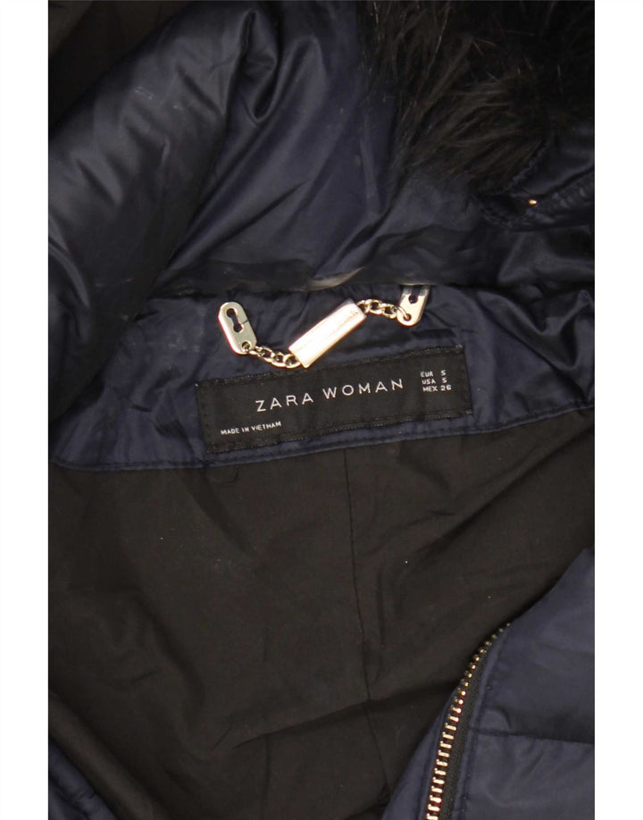 Zara Mujer Abrigo Acolchado Con Capucha UK 10 Small Poliéster Azul Marino