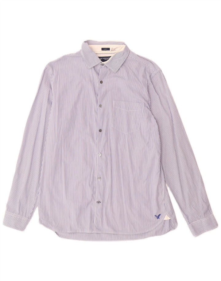American Eagle Camisa slim fit para hombre de algodón a rayas azules grandes