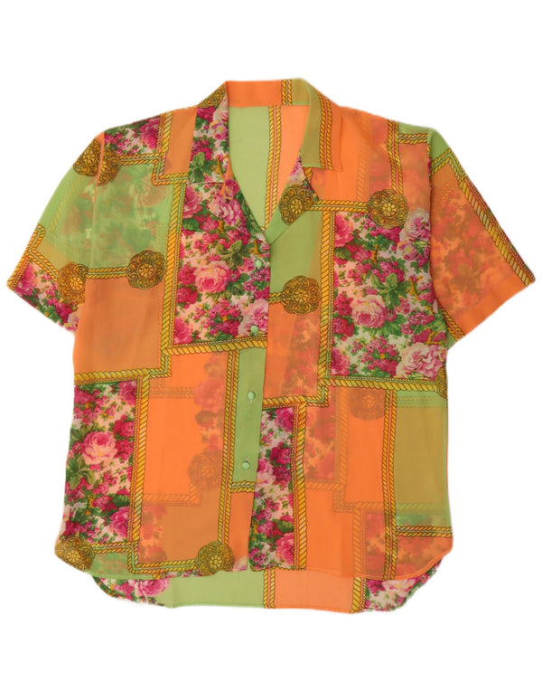 Vintage mujer manga corta ver a través de camisa Reino Unido 18 XL multicolor floral